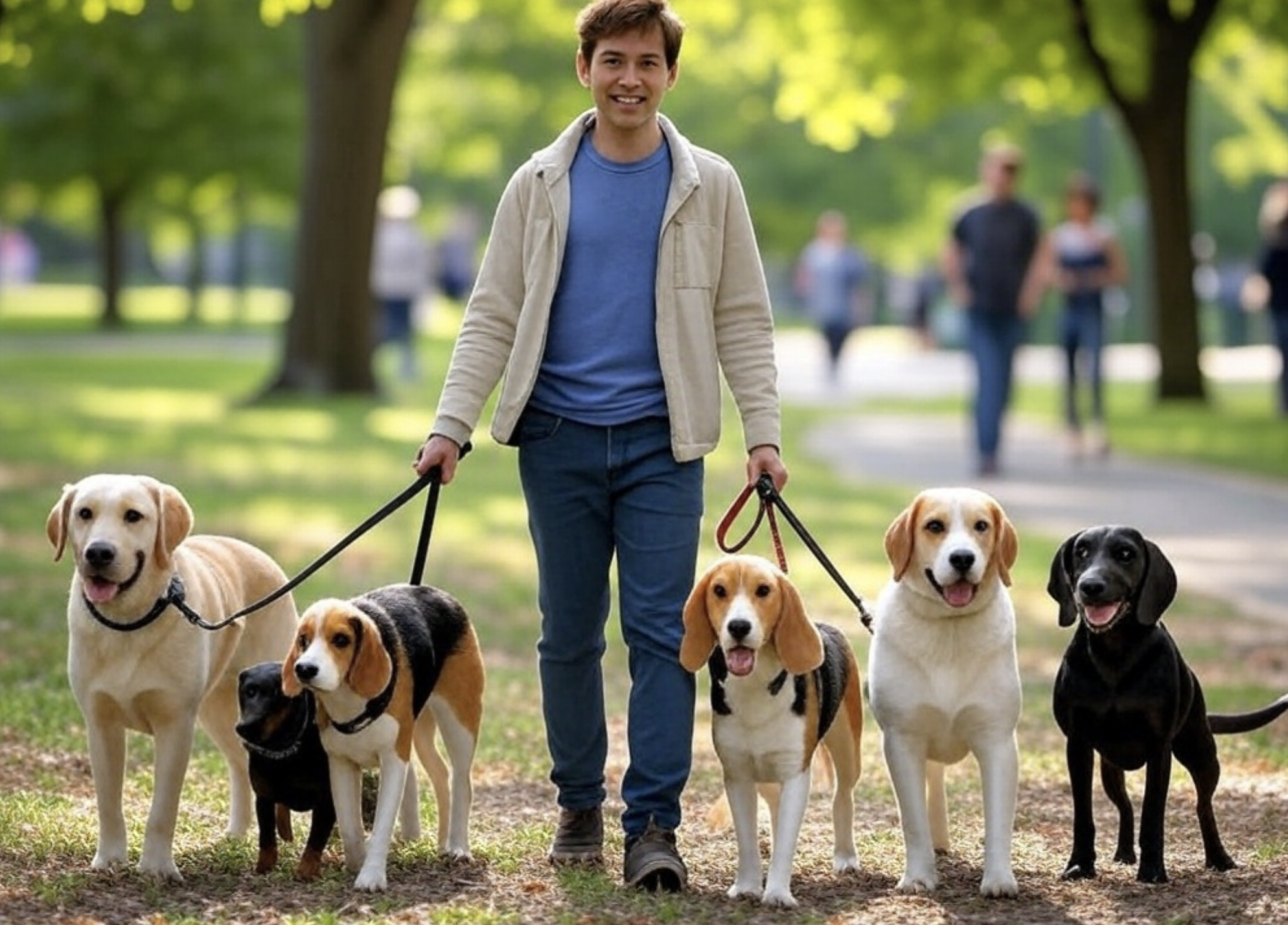 Professional dog walker with multiple dogs