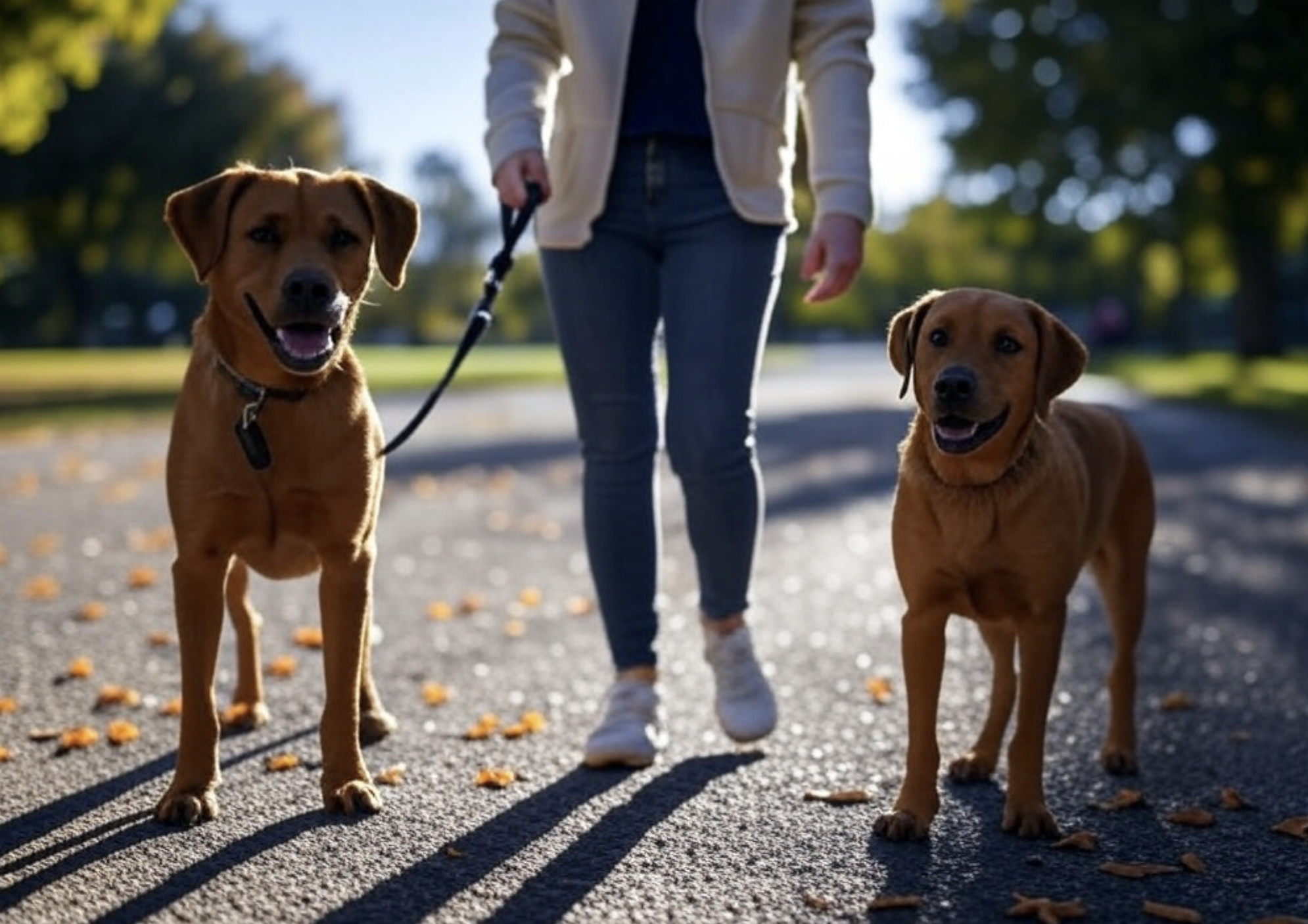 Dogs being walked in a park