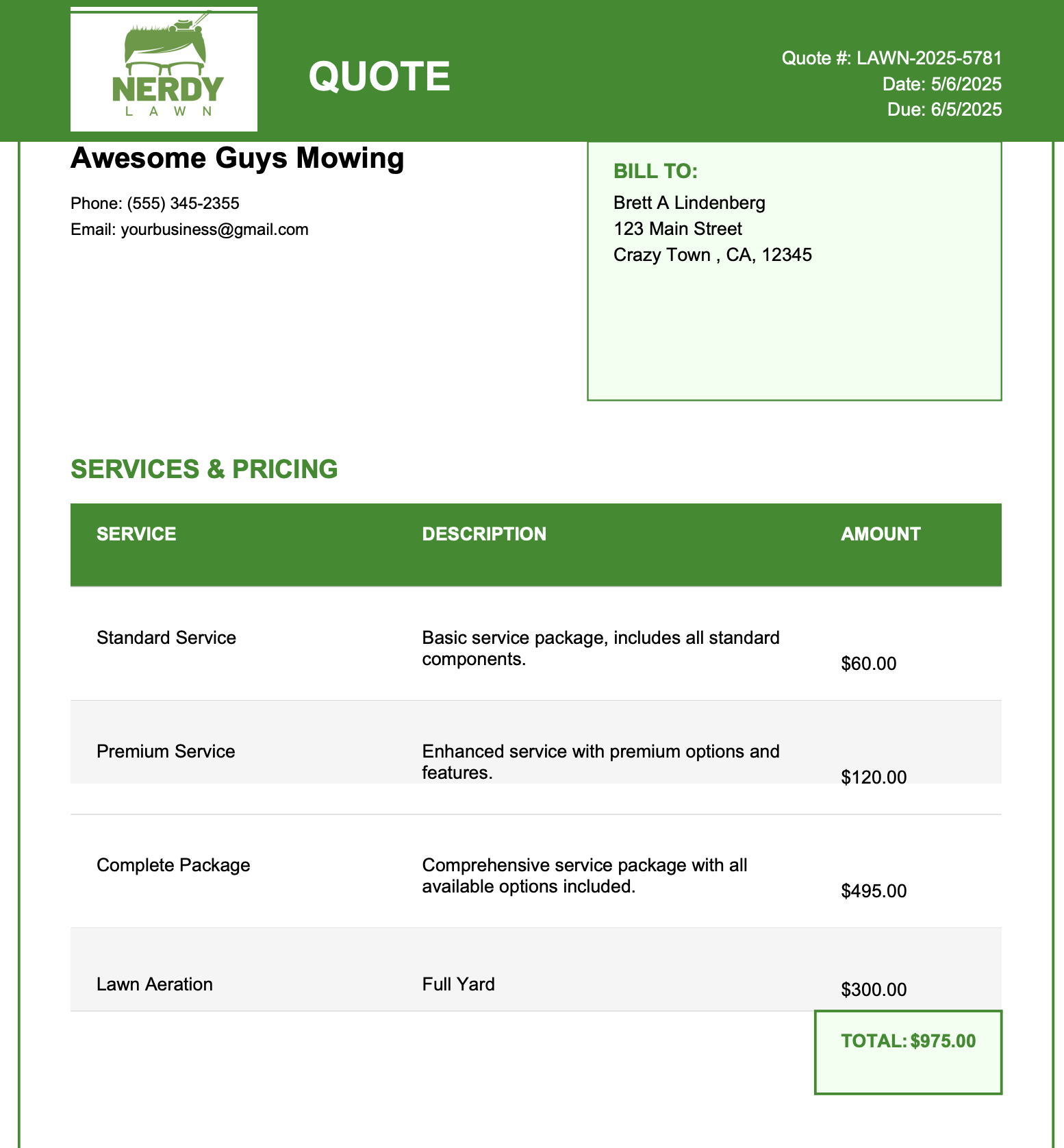 lawn mowing invoice example