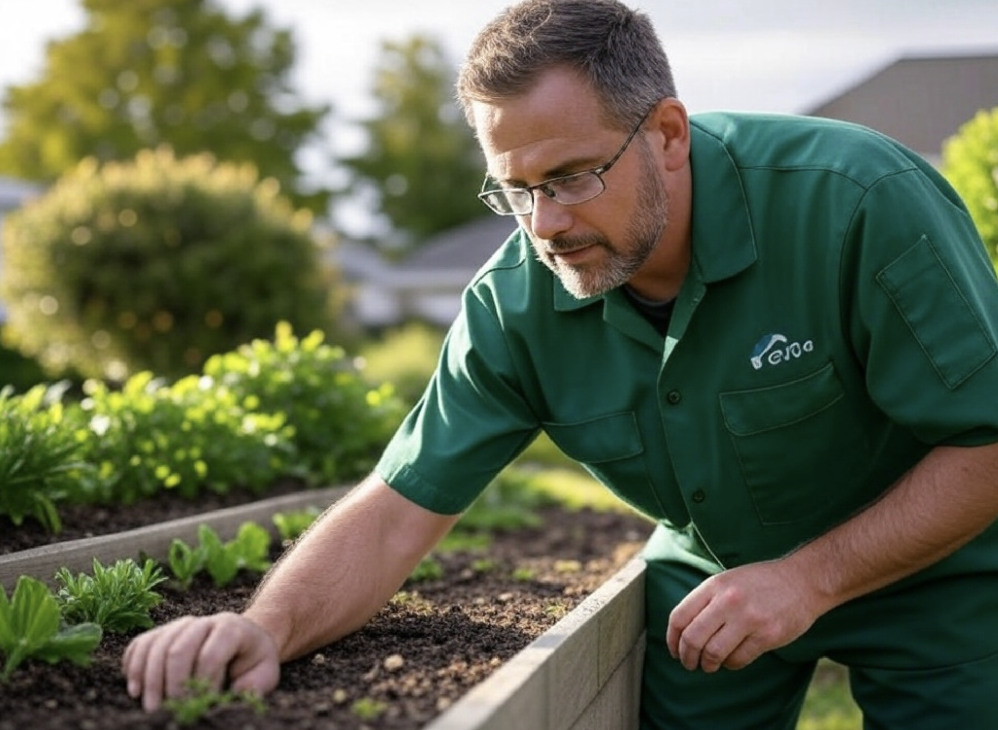 Pest control technician inspecting a flower bed