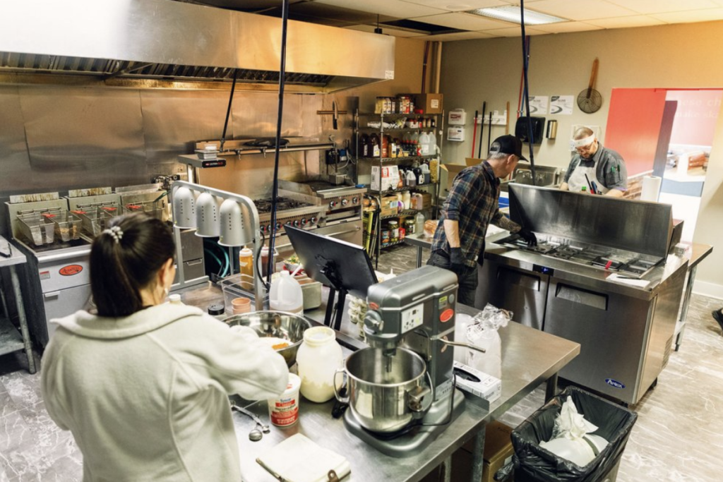 the kitchen at honey's fried chicken palace. 